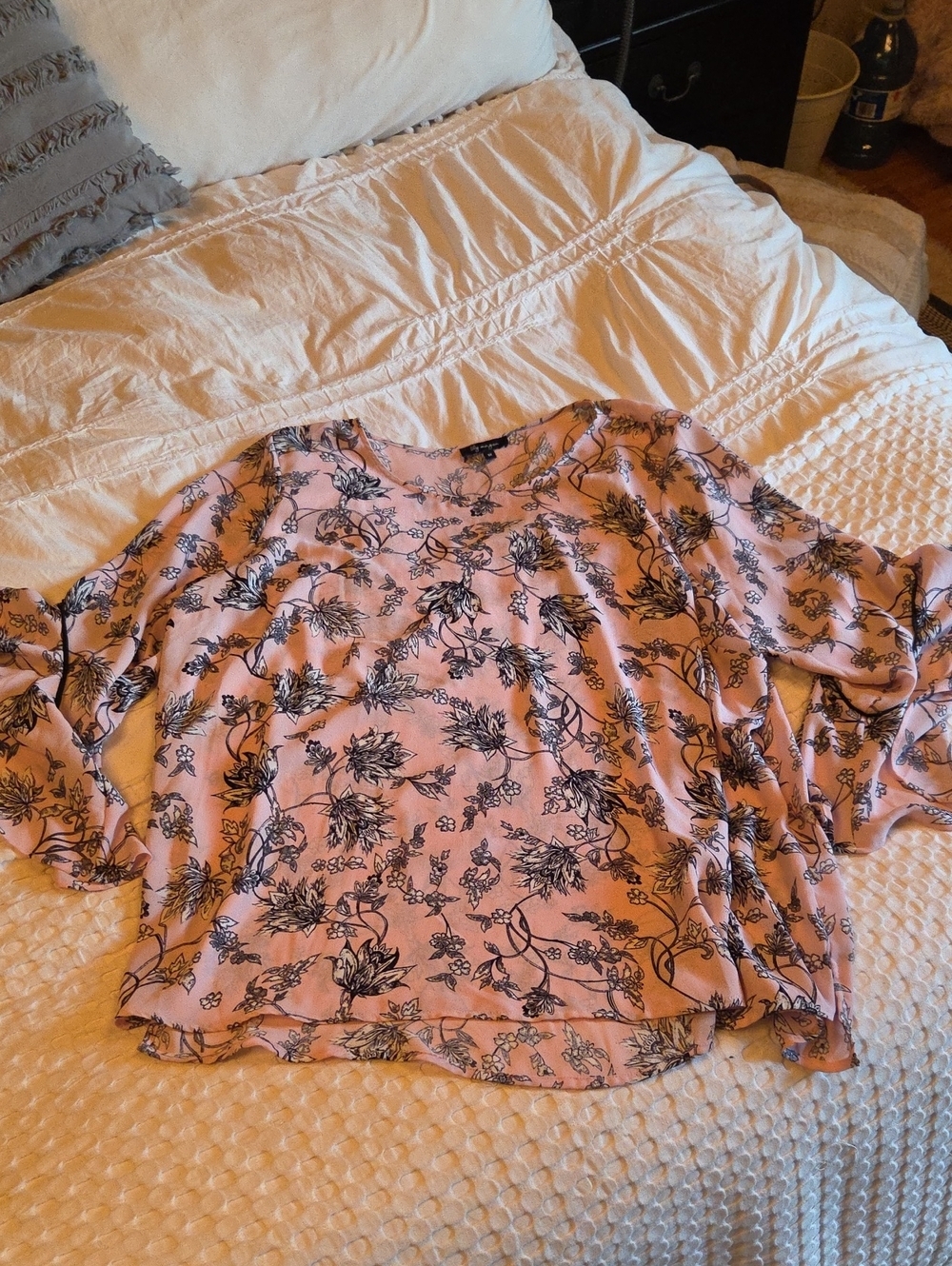 Women's Pink Floral Blouse with Black Botanical Print